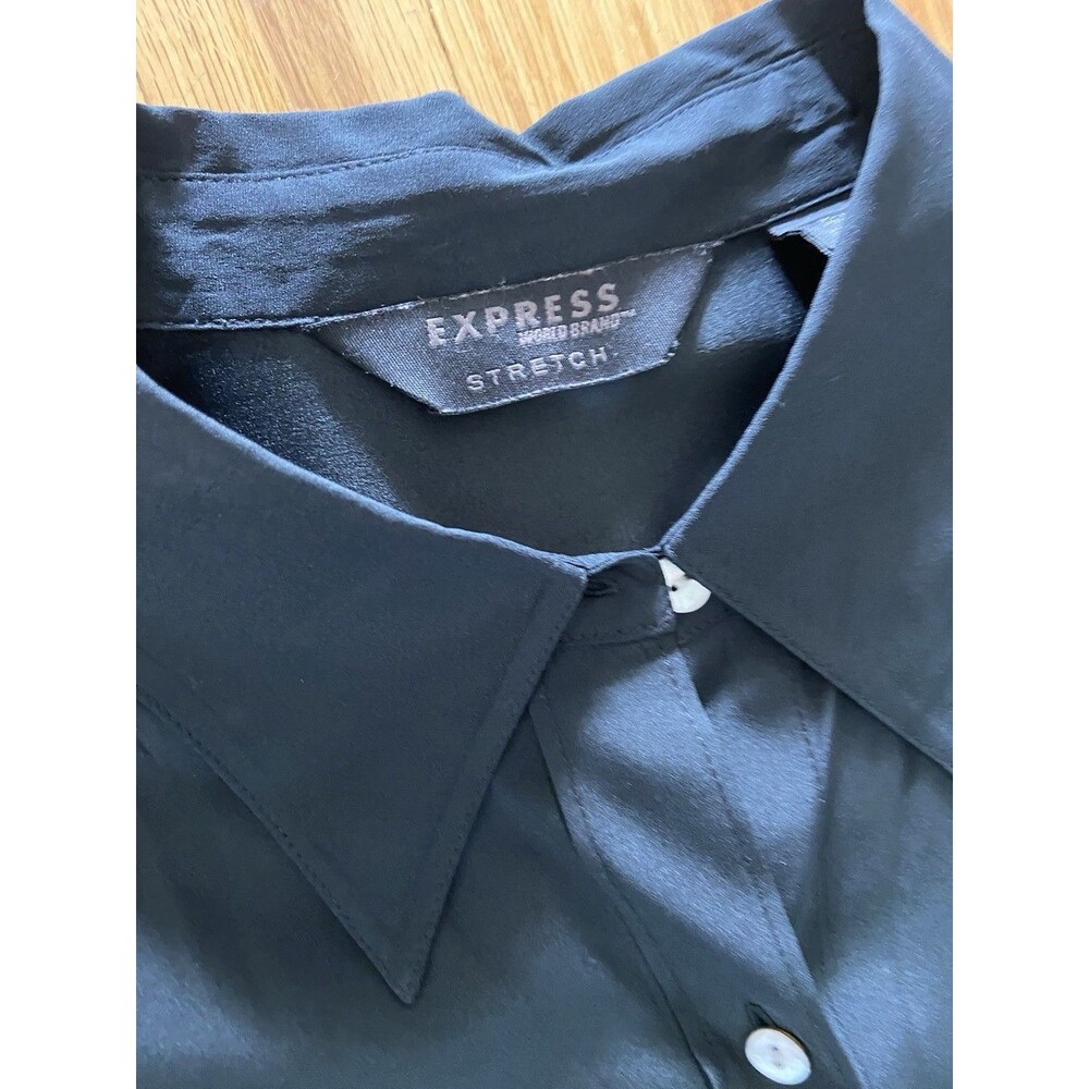 Vintage Y2K Express Silk Button Down Shirt Size 7/8 Black Fitted Office Siren - Picture 3 of 11